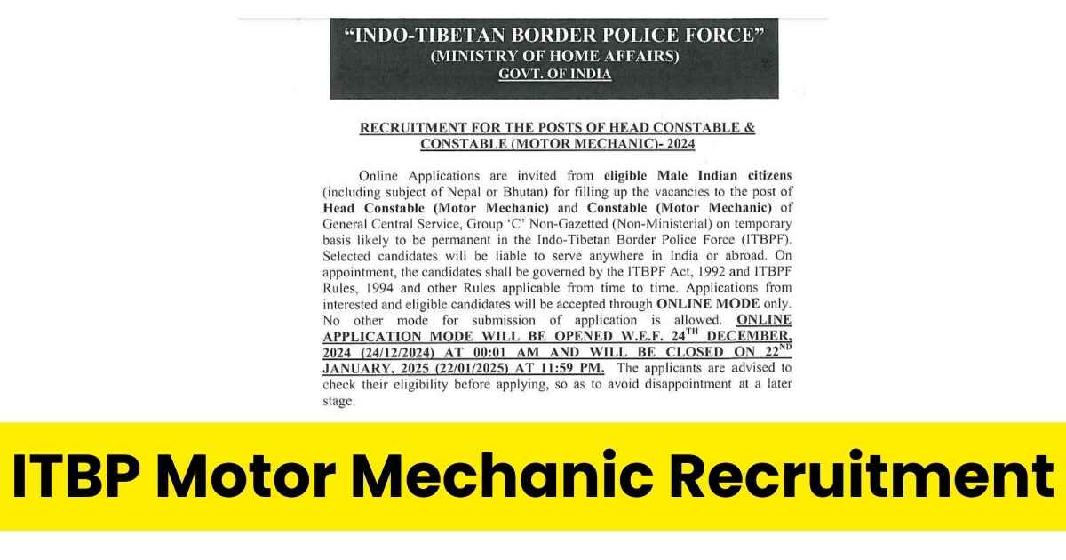 ITBP Motor Mechanic Recruitment